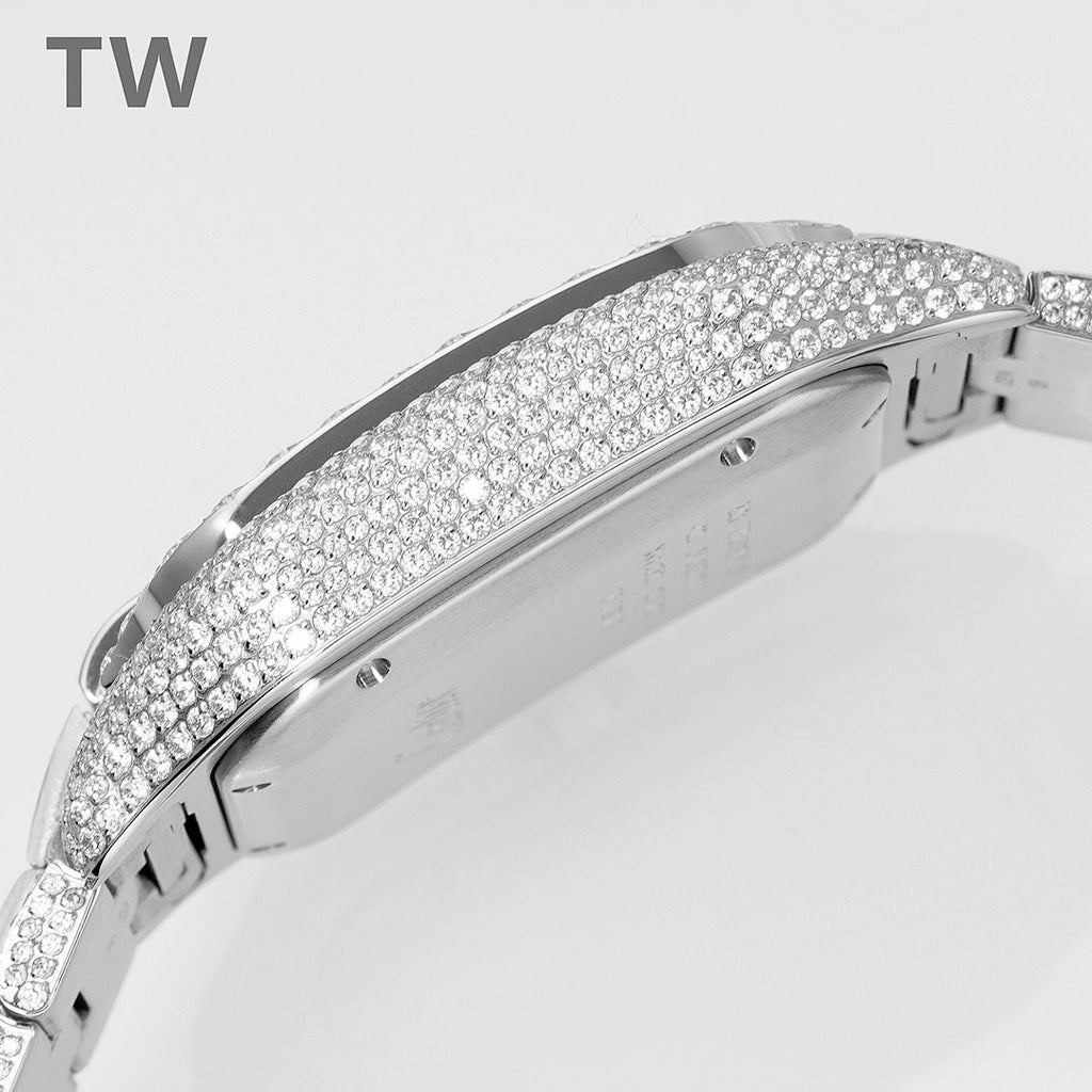 Diamond-studded bracelet cuff with polished metal links, side view of wristwatch case.