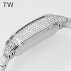 Diamond-studded bracelet cuff with polished metal links, side view of wristwatch case.