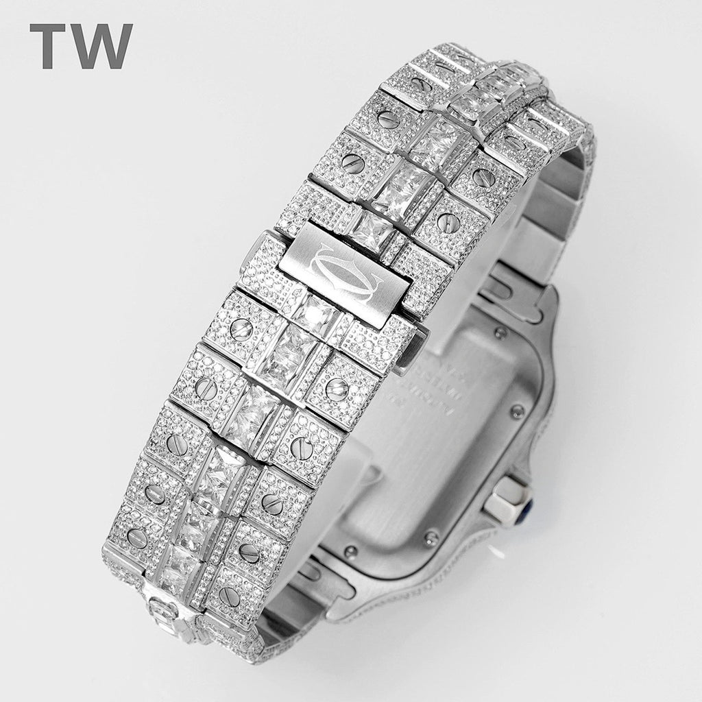 Diamond-encrusted wristwatch with full metal bracelet, angled side view showing clasp area.