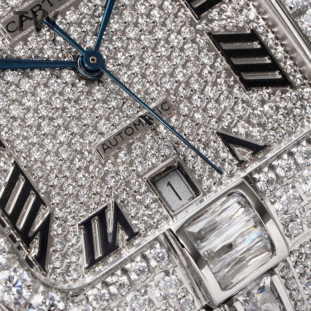 Close-up of diamond dial with Roman numerals, blue hands, and watch crown details.