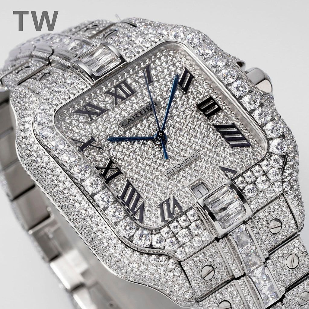 Diamond rectangular wristwatch with blue hands, Roman numerals, and metal link bracelet.