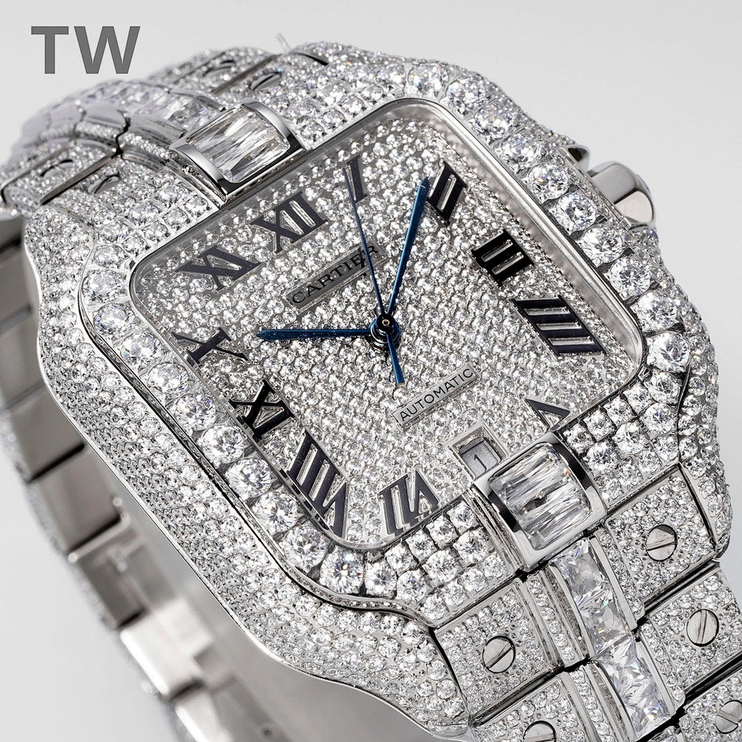 Diamond rectangular wristwatch with blue hands, Roman numerals, and metal link bracelet.