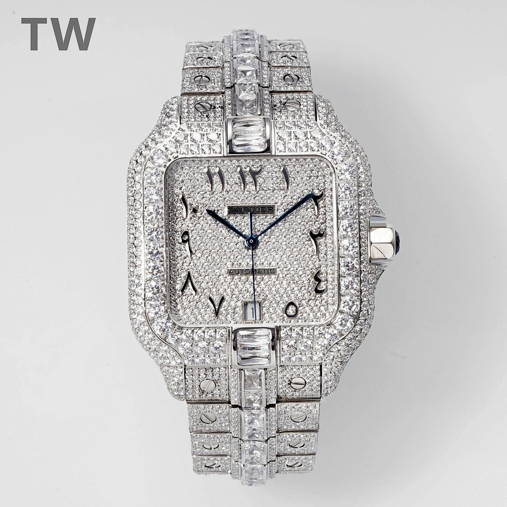 Cartier wristwatch with diamond-studded square dial and blue hands, silver-tone bracelet