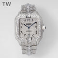 Cartier wristwatch with diamond-studded square dial and blue hands, silver-tone bracelet