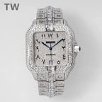 Cartier wristwatch with diamond-studded square dial and blue hands, silver-tone bracelet