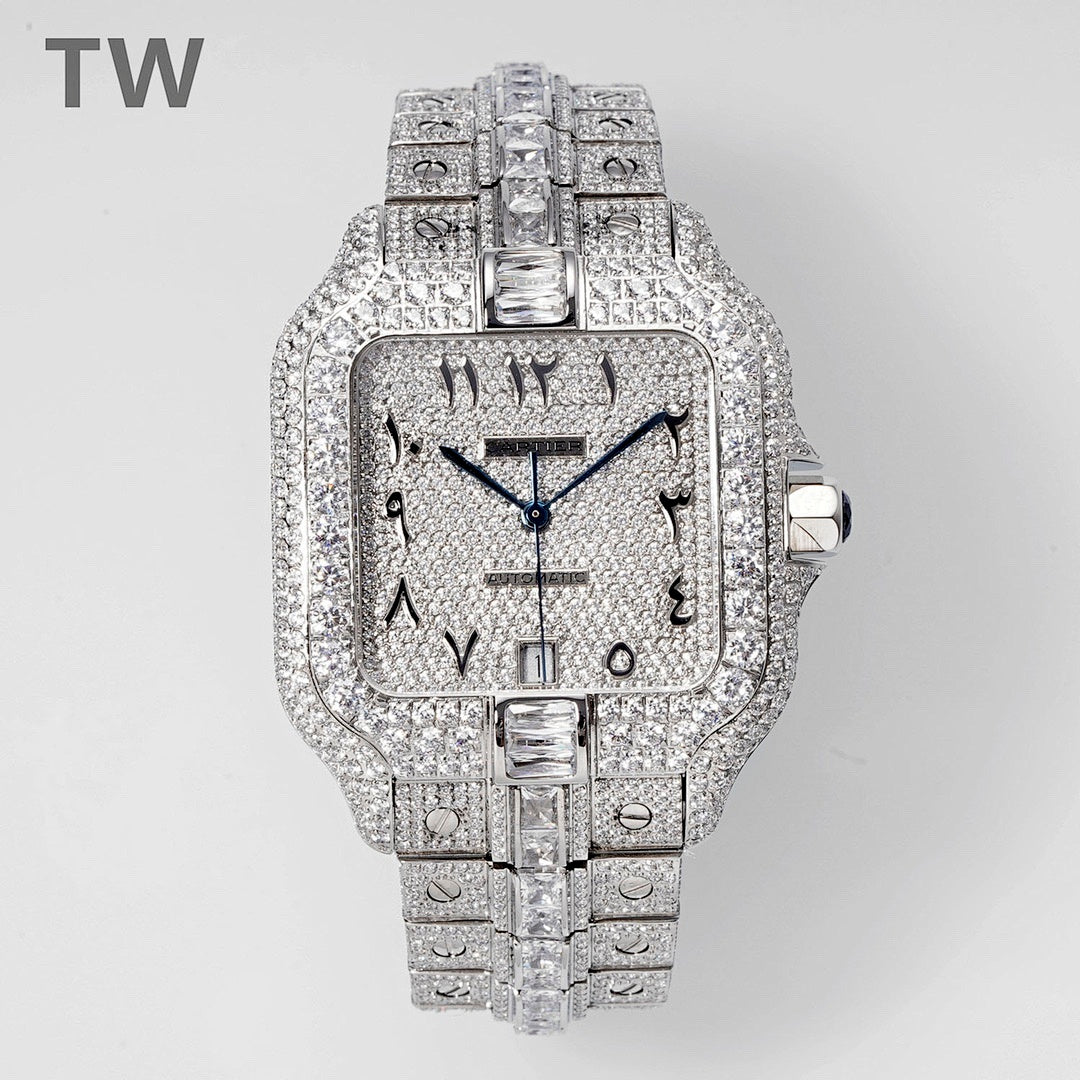 Cartier wristwatch with diamond-studded square dial and blue hands, silver-tone bracelet
