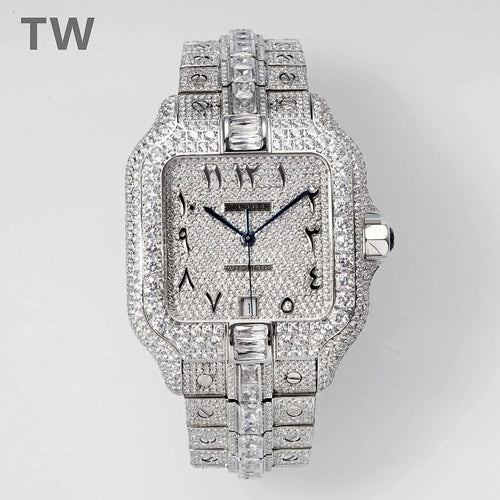 Cartier wristwatch with diamond-studded square dial and blue hands, silver-tone bracelet
