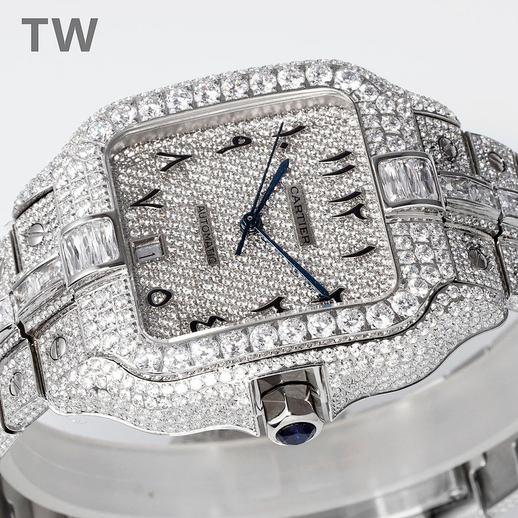 Cartier wristwatch angled view with diamond dial and blue hands, silver-tone case
