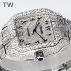 Cartier wristwatch angled view with diamond dial and blue hands, silver-tone case