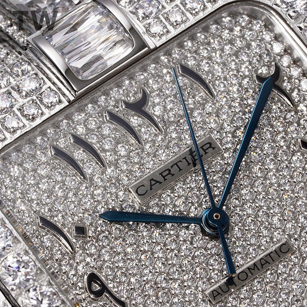 Cartier wristwatch dial close-up with diamond pattern, blue hands, "AUTOMATIC" text