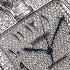 Cartier wristwatch dial close-up with diamond pattern, blue hands, "AUTOMATIC" text