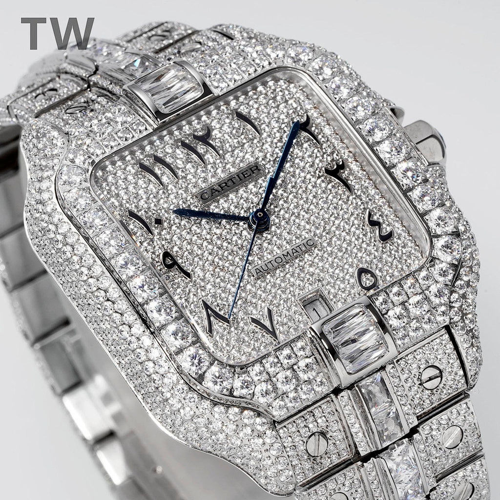 Cartier wristwatch profile view with diamond dial, blue hands, silver-tone bracelet