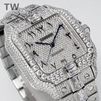 Cartier wristwatch profile view with diamond dial, blue hands, silver-tone bracelet