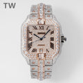Cartier diamond watch with square bezel, Roman numerals, blue hands, two-tone strap