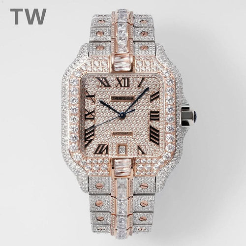 Cartier diamond watch with square bezel, Roman numerals, blue hands, two-tone strap