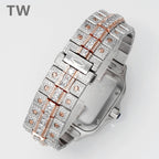 Cartier watch bracelet with pavé links and rose-gold accents, open side view
