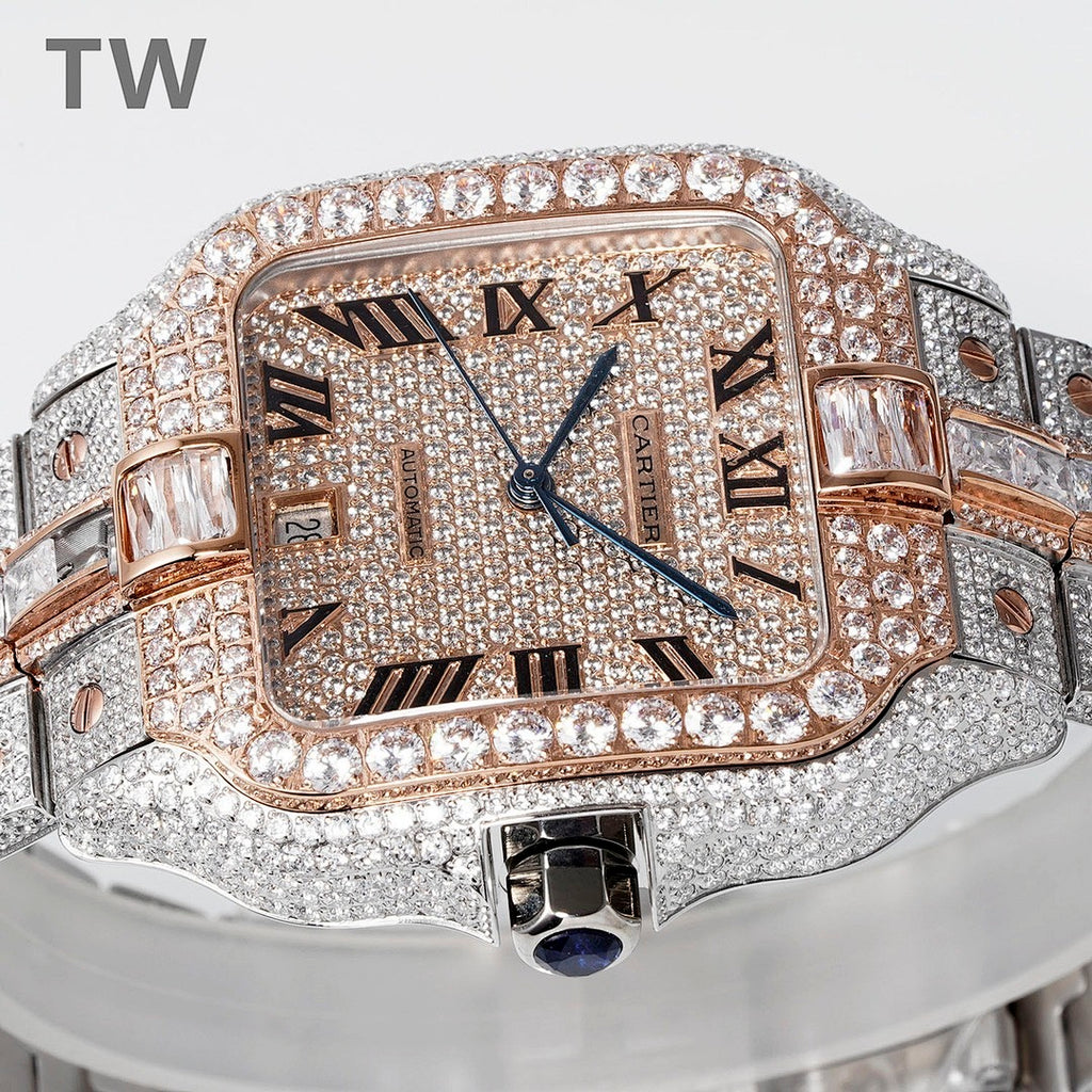 Cartier diamond square watch face, Roman numerals, blue hands, rose-gold bezel
