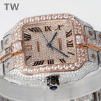 Cartier diamond square watch face, Roman numerals, blue hands, rose-gold bezel