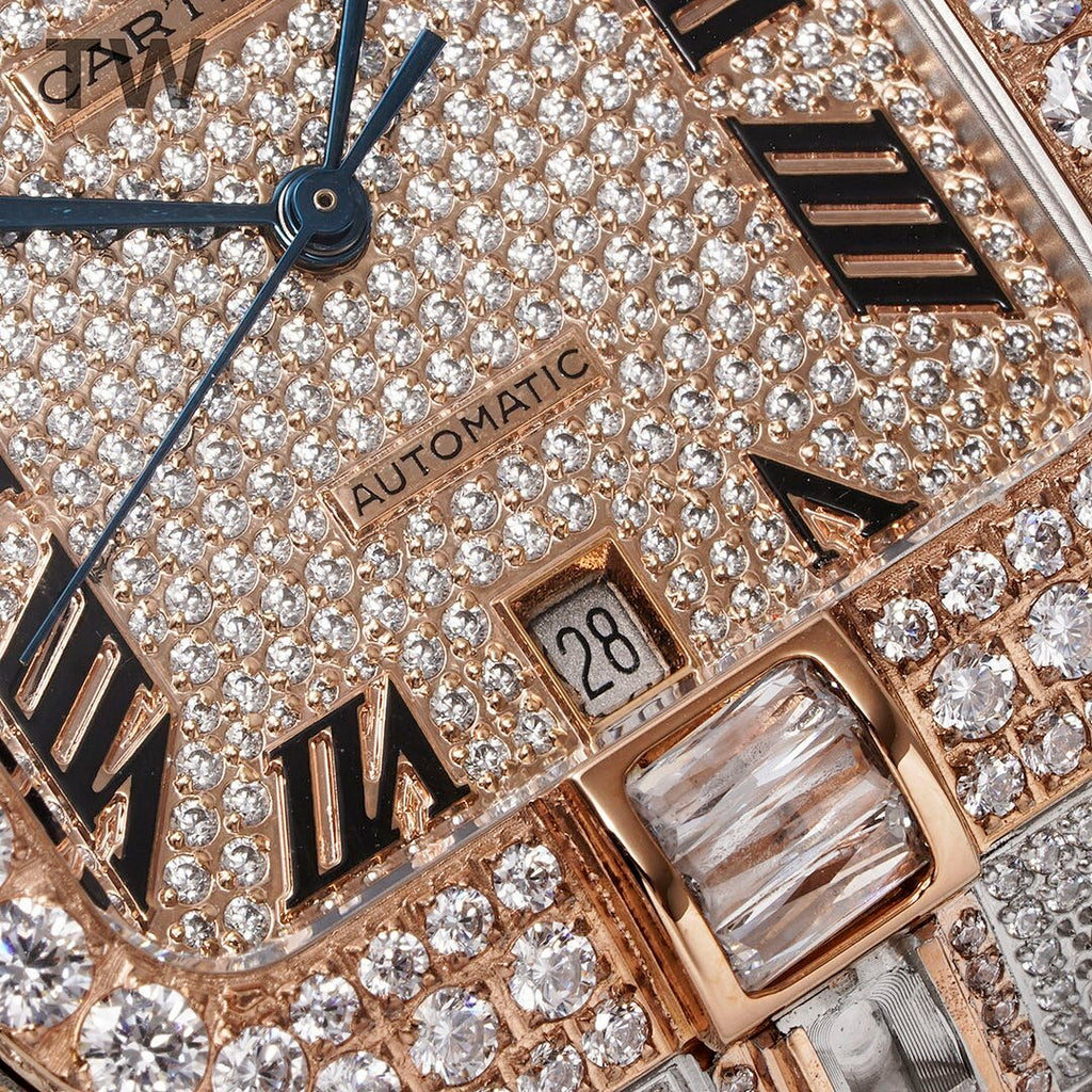 Cartier watch dial close-up with diamond pavé, “AUTOMATIC” text and date window