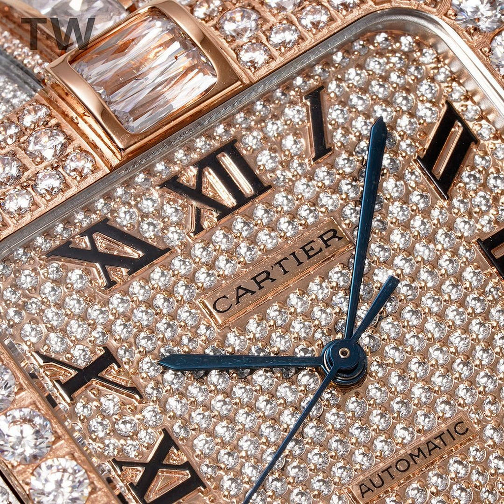 Cartier watch dial close-up, “Cartier” and blue seconds hand on diamond pavé