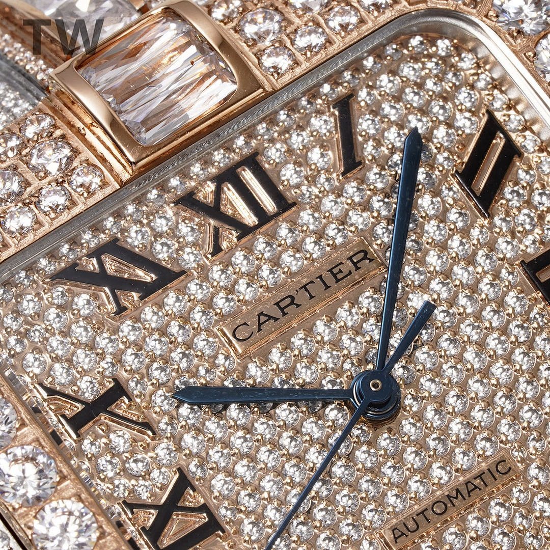 Cartier watch dial close-up, “Cartier” and blue seconds hand on diamond pavé