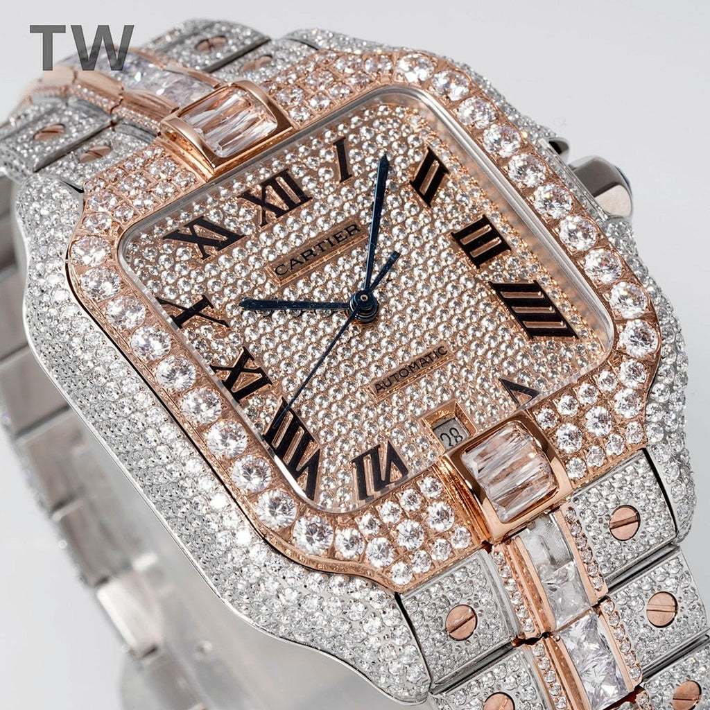 Cartier diamond square watch with Roman numerals, blue hands, rose-gold bezel on bracelet