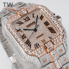 Cartier diamond square watch with Roman numerals, blue hands, rose-gold bezel on bracelet