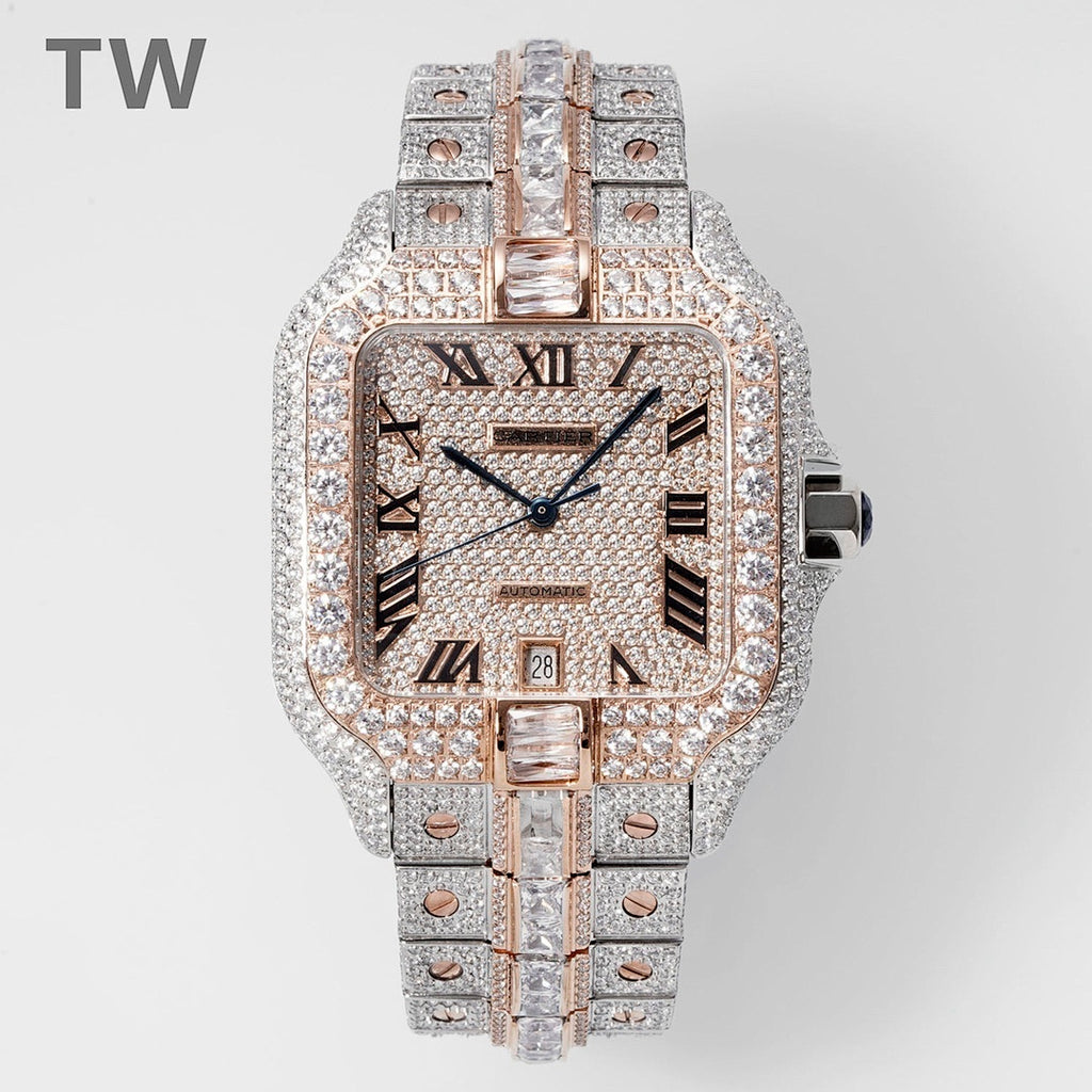 Cartier diamond square watch with Roman numerals, rose-gold case, blue hands, link strap