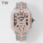 Cartier diamond square watch with Roman numerals, rose-gold case, blue hands, link strap