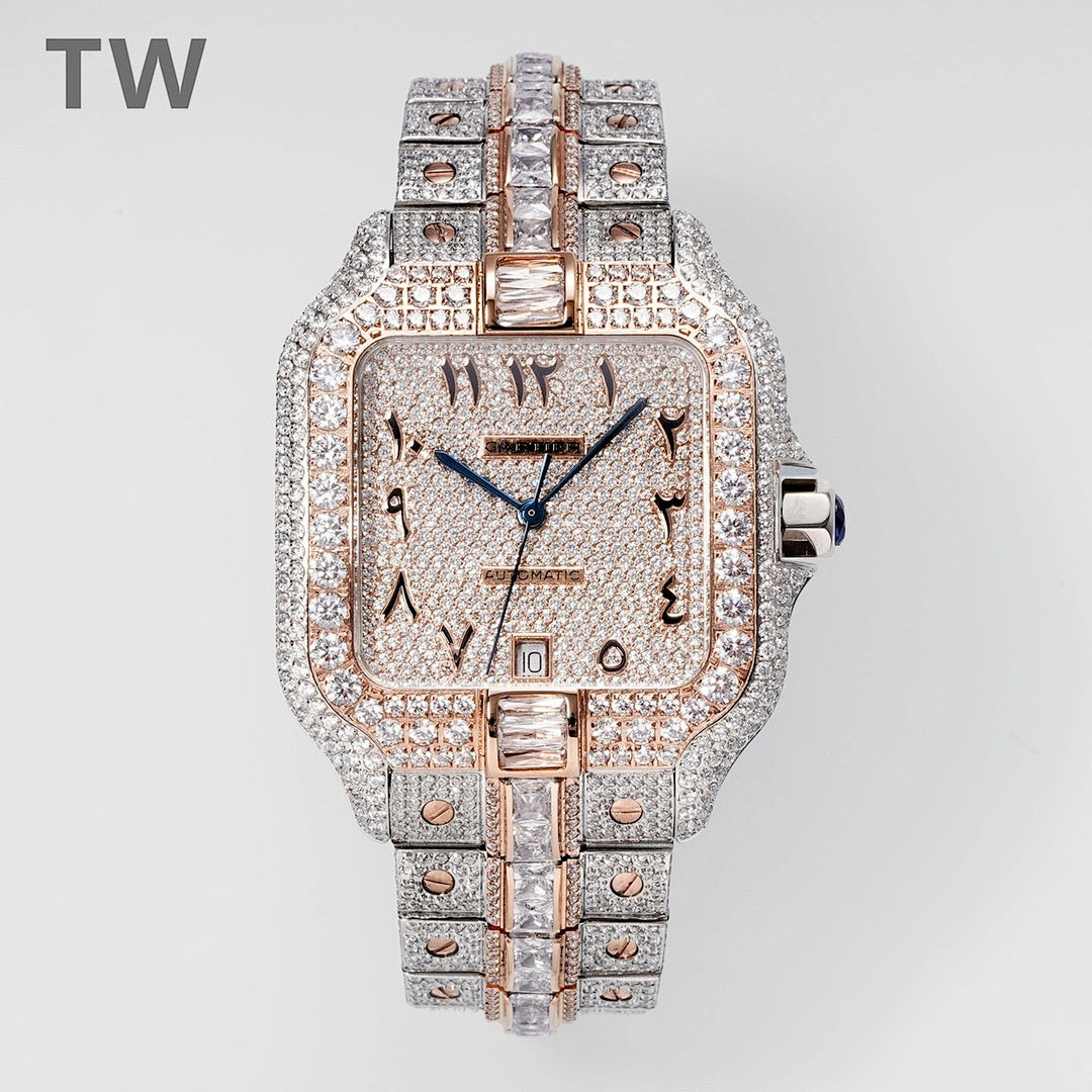Cartier diamond watch with rose-gold bezel, square dial, blue hands, link bracelet