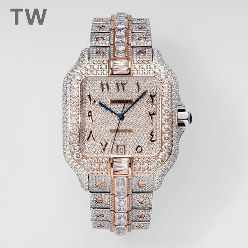 Cartier diamond watch with rose-gold bezel, square dial, blue hands, link bracelet