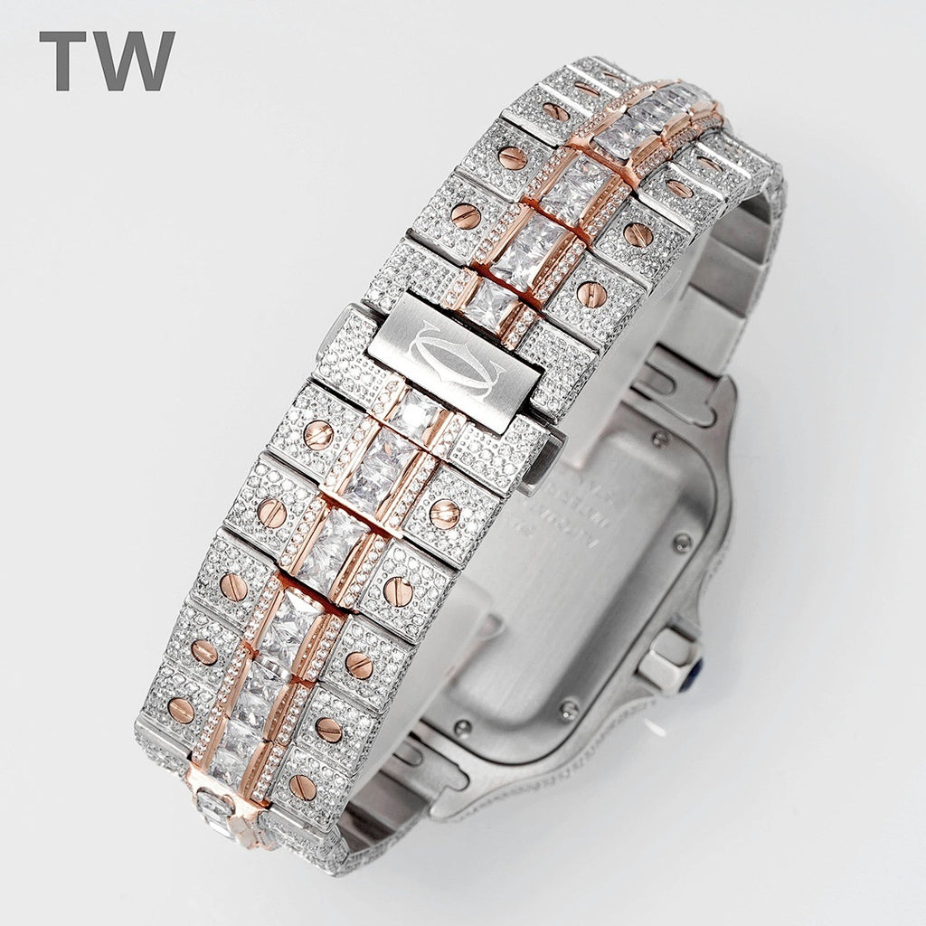 Cartier diamond watch with rose-gold and silver link bracelet, clasp and bezel detail