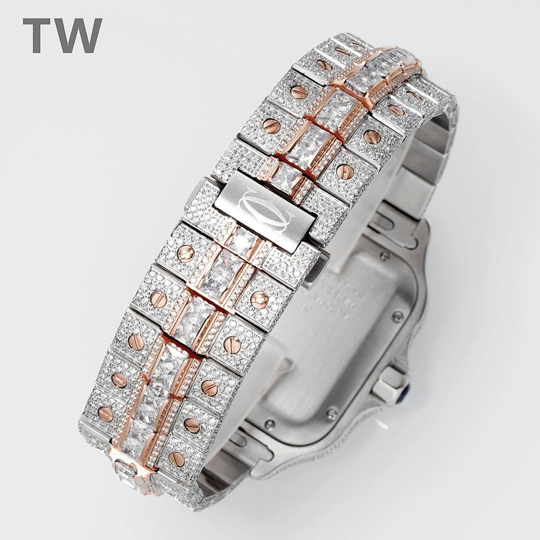 Cartier diamond watch with rose-gold and silver link bracelet, clasp and bezel detail