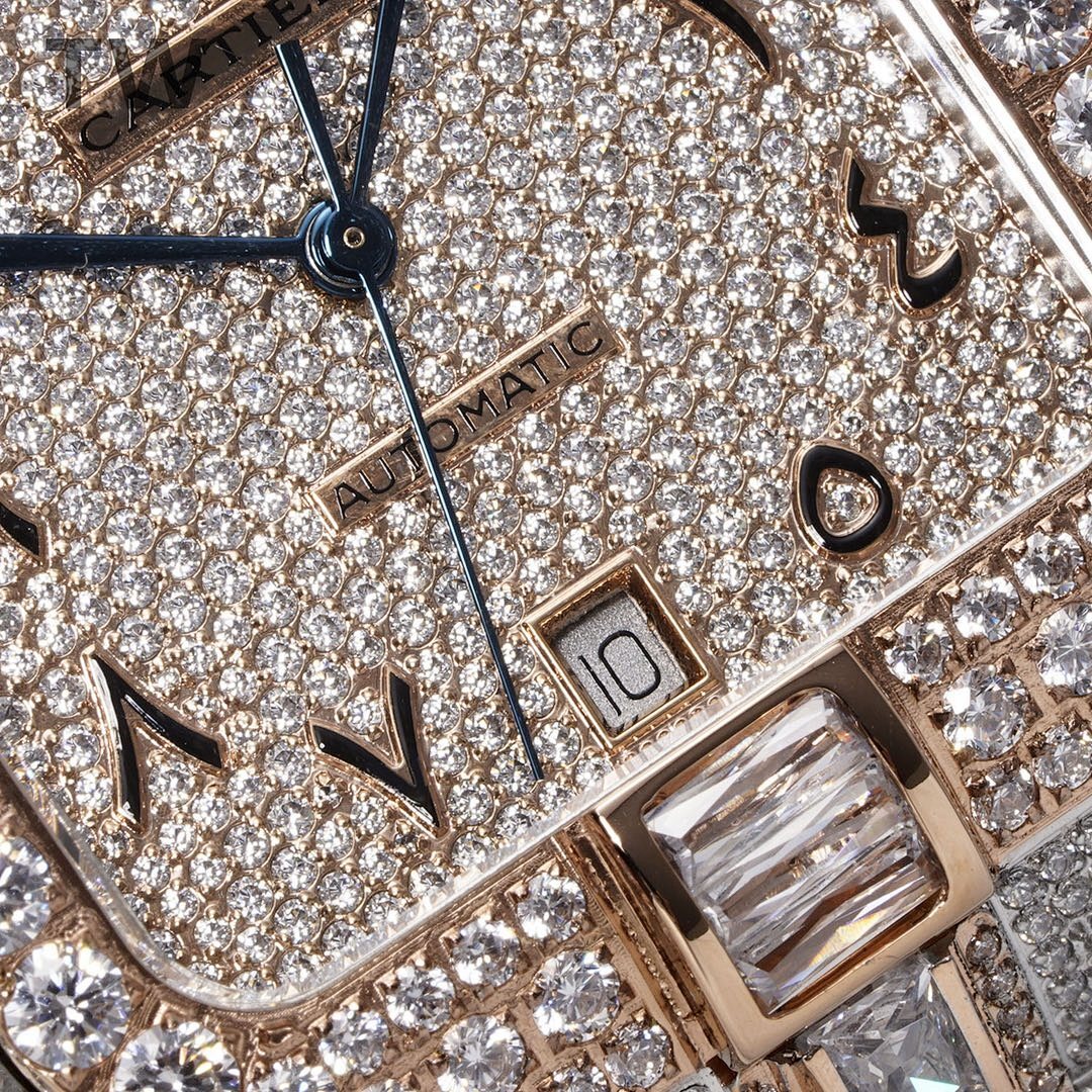 Cartier diamond watch dial close-up with blue sword hands, gem indexes, rose-gold trim