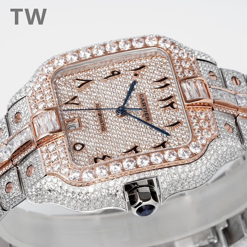 Cartier diamond watch with sparkling cream dial, Roman numerals, blue hands, rose-gold frame