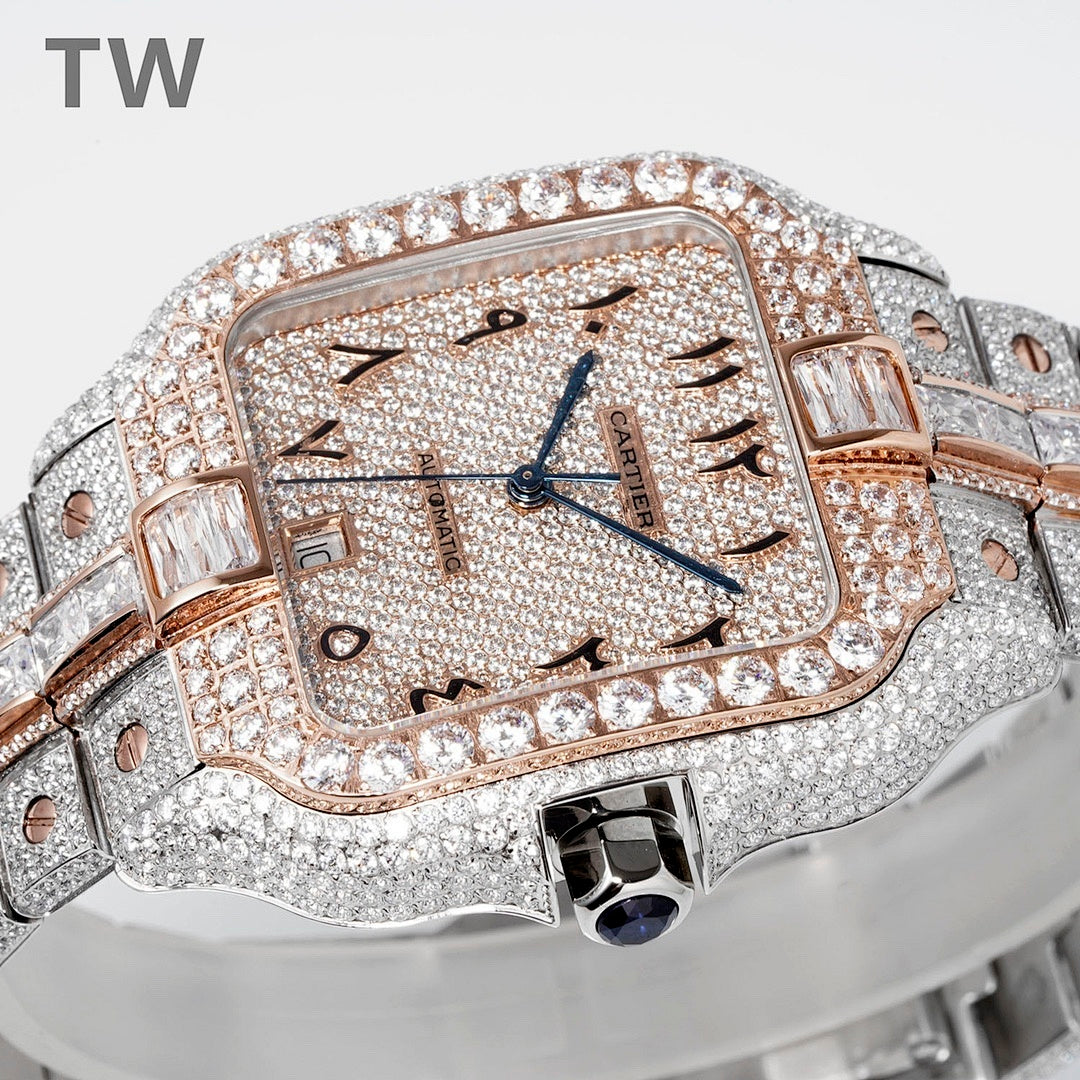 Cartier diamond watch with sparkling cream dial, Roman numerals, blue hands, rose-gold frame
