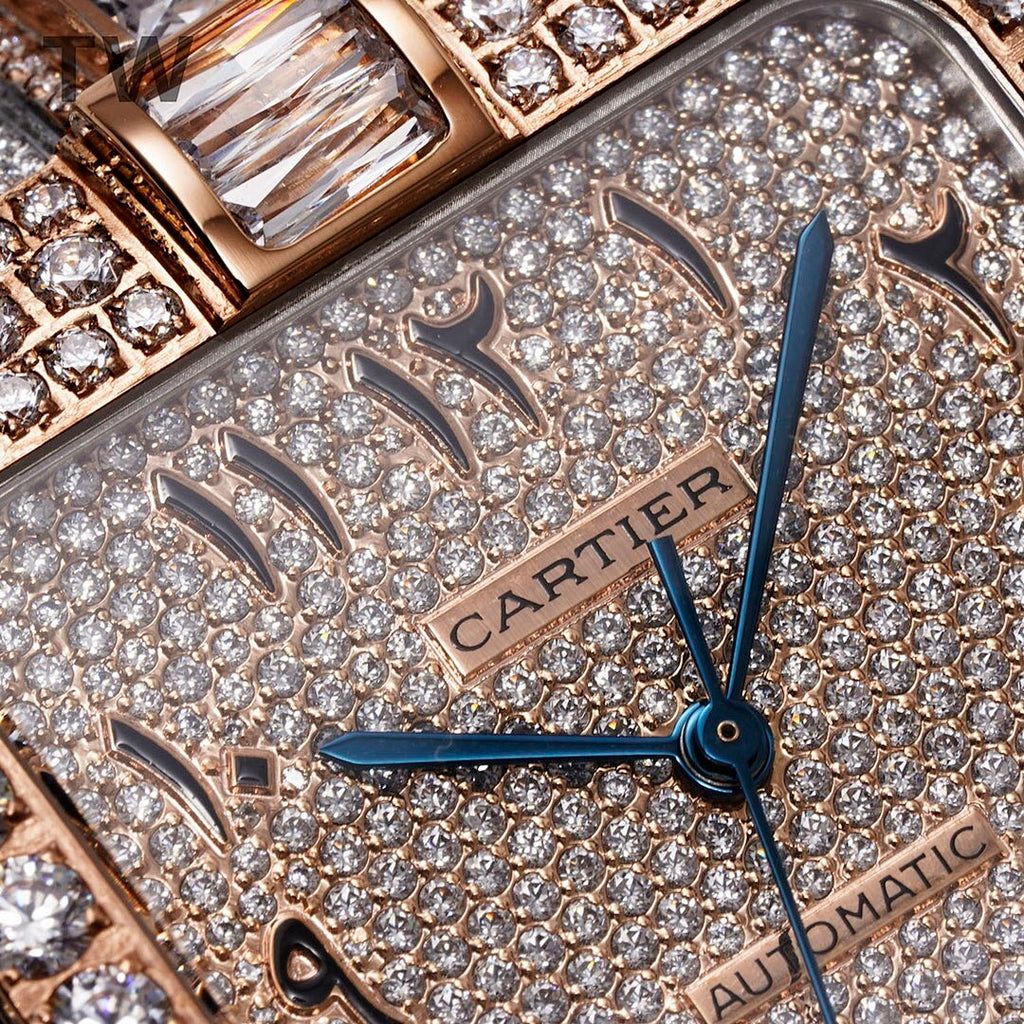 Cartier diamond watch dial close-up with CARTIER lettering, blue hands, gem-studded surface
