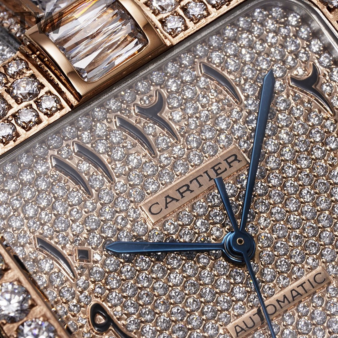 Cartier diamond watch dial close-up with CARTIER lettering, blue hands, gem-studded surface