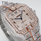 Cartier diamond watch with square cream dial, Roman numerals, blue hands, rose-gold markers