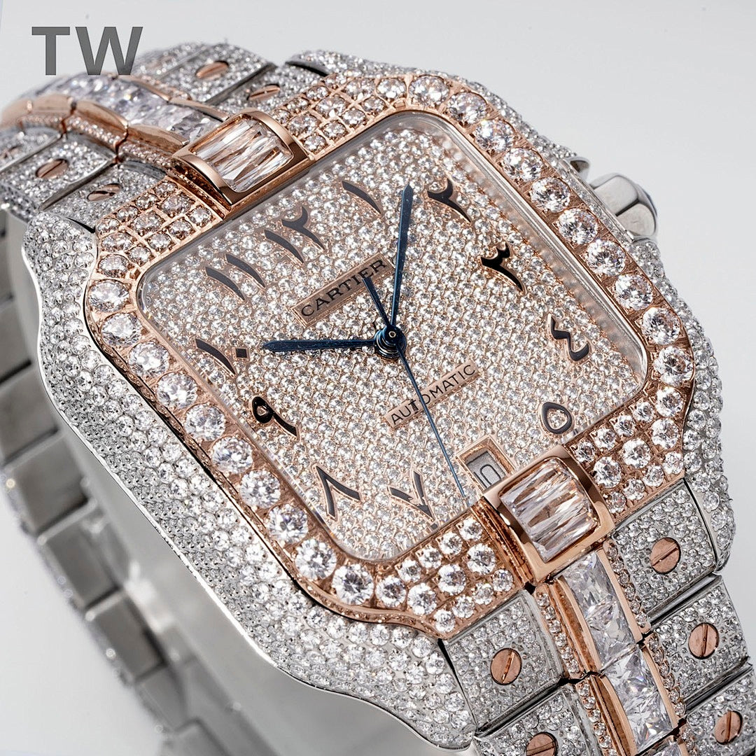 Cartier diamond watch with square cream dial, Roman numerals, blue hands, rose-gold markers
