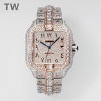 Cartier diamond watch with rose-gold bezel and silver bracelet, blue hands, bezel stones