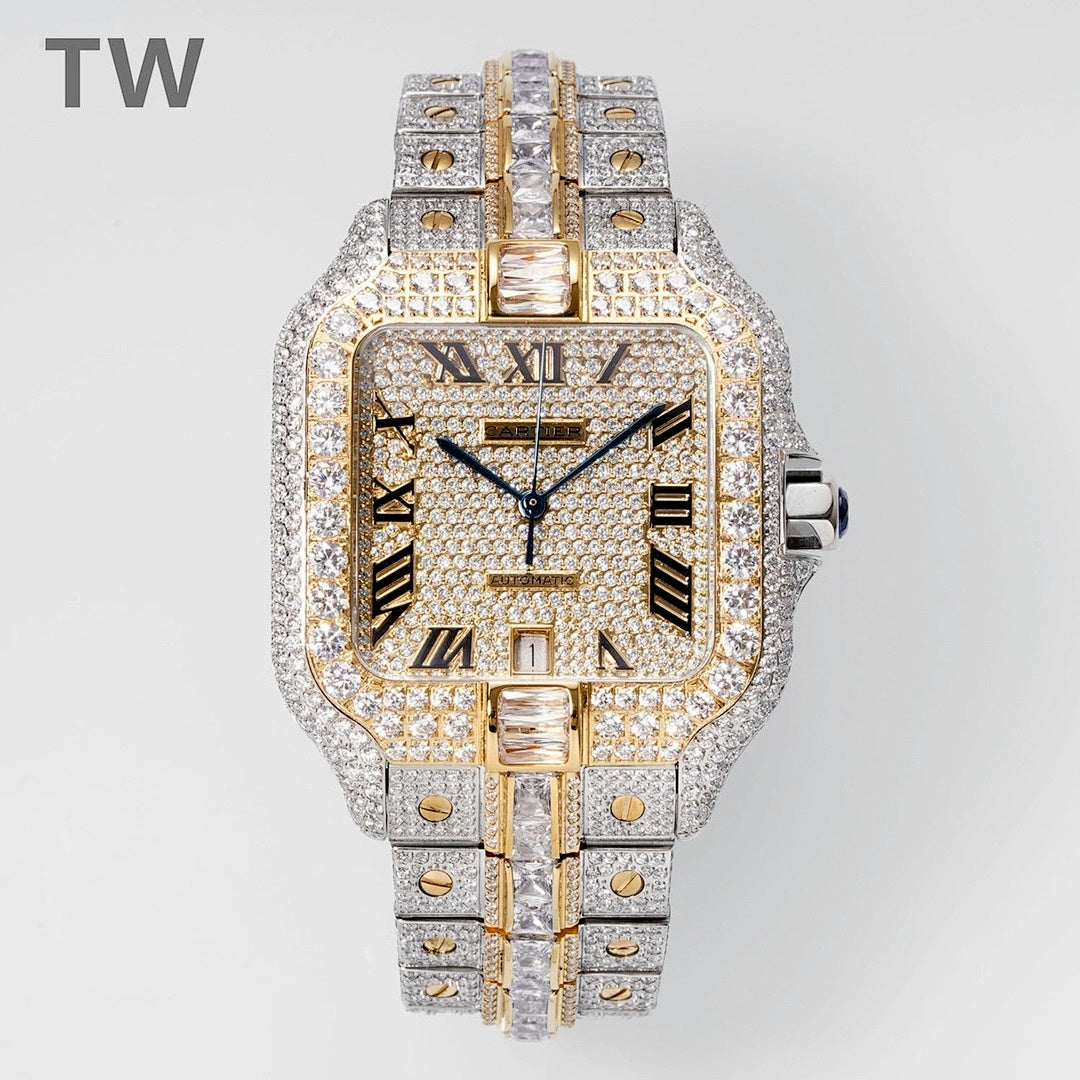 Cartier watch with gold and silver pavé diamonds, Roman numerals, and two-tone bracelet.