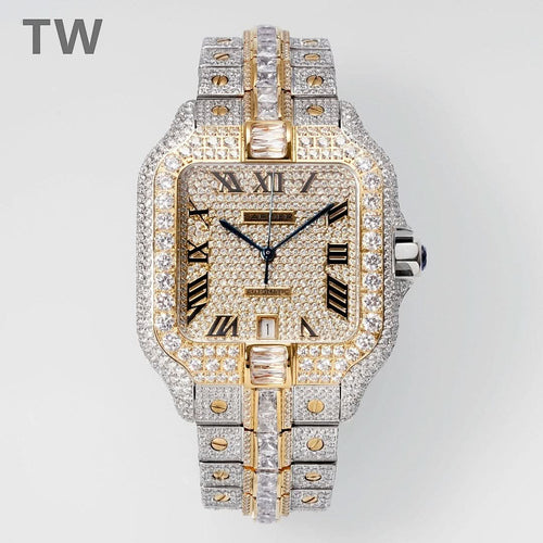 Cartier watch with gold and silver pavé diamonds, Roman numerals, and two-tone bracelet.