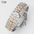 Cartier watch angled view with diamond bezel, gold accents, and matching bracelet.