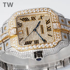 Cartier watch front with diamond dial, Roman numerals, and gold-toned frame.