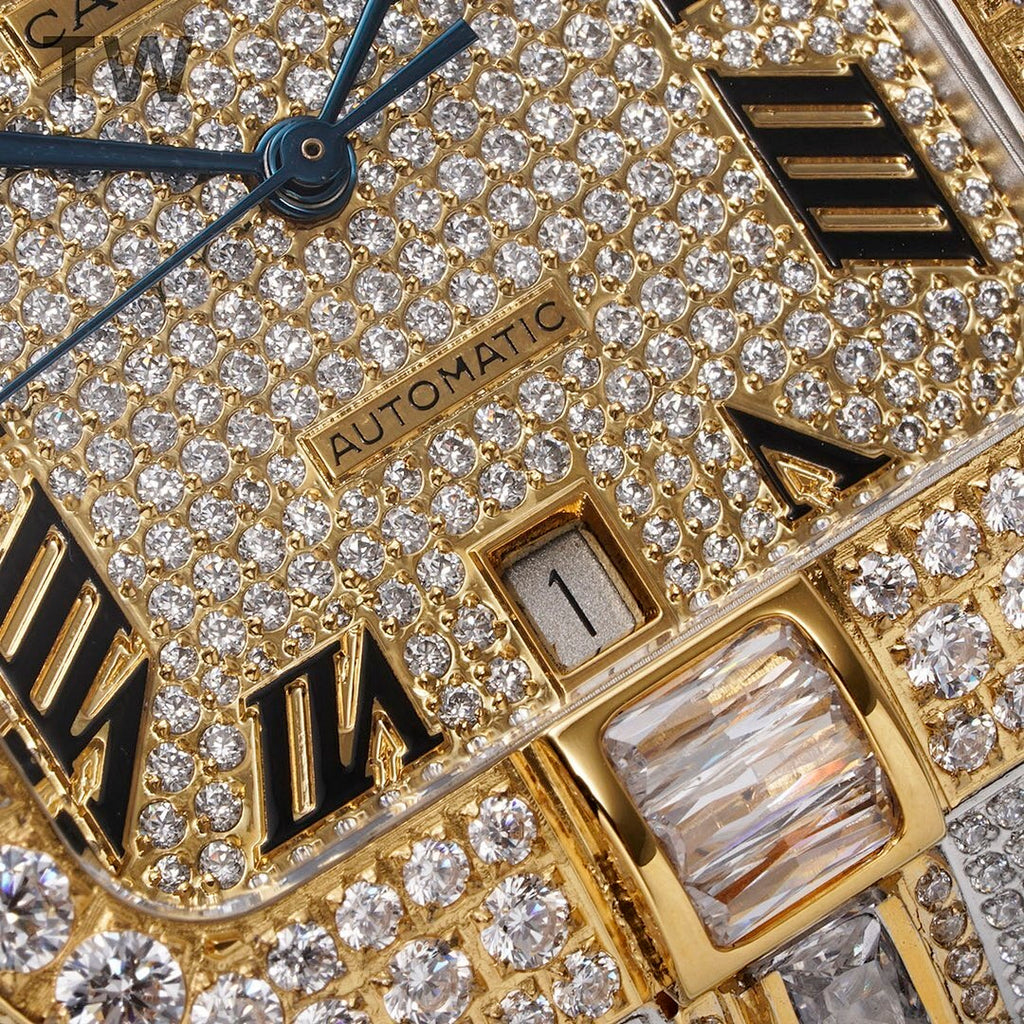 Cartier watch dial close-up with diamond pavé, Roman markers, and “AUTOMATIC” text.