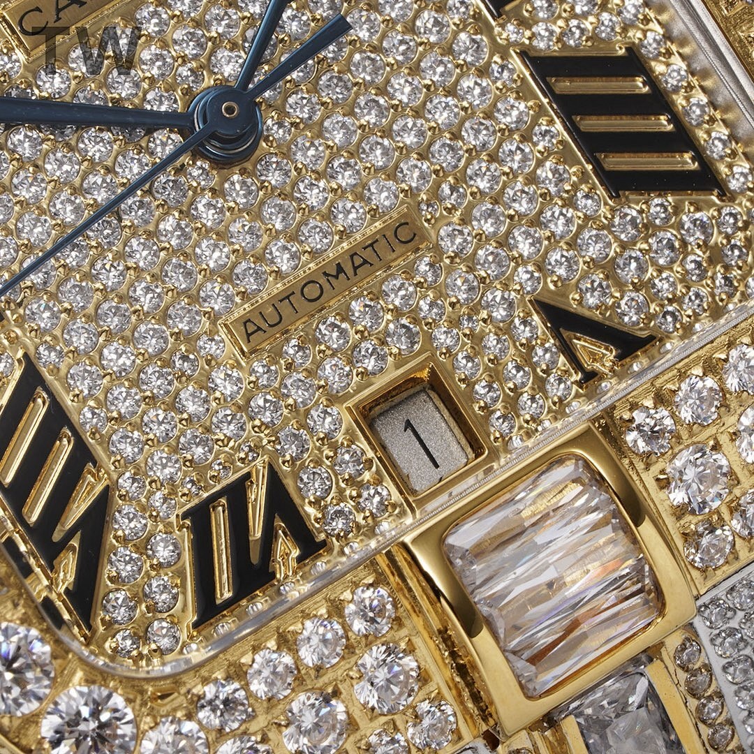 Cartier watch dial close-up with diamond pavé, Roman markers, and “AUTOMATIC” text.