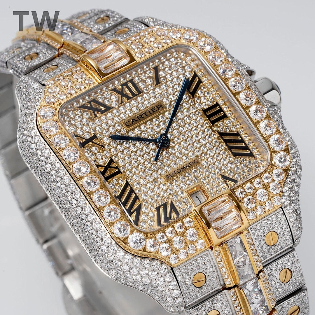 Cartier watch angled view with diamond bezel, Roman numerals, and gold center frame.