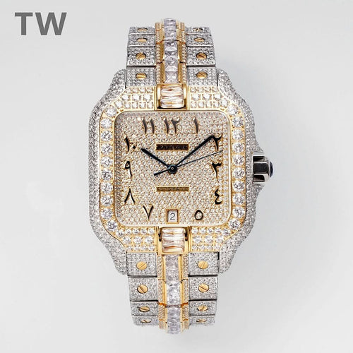 Cartier diamond-encrusted wristwatch with gold-tone bezel and black hands