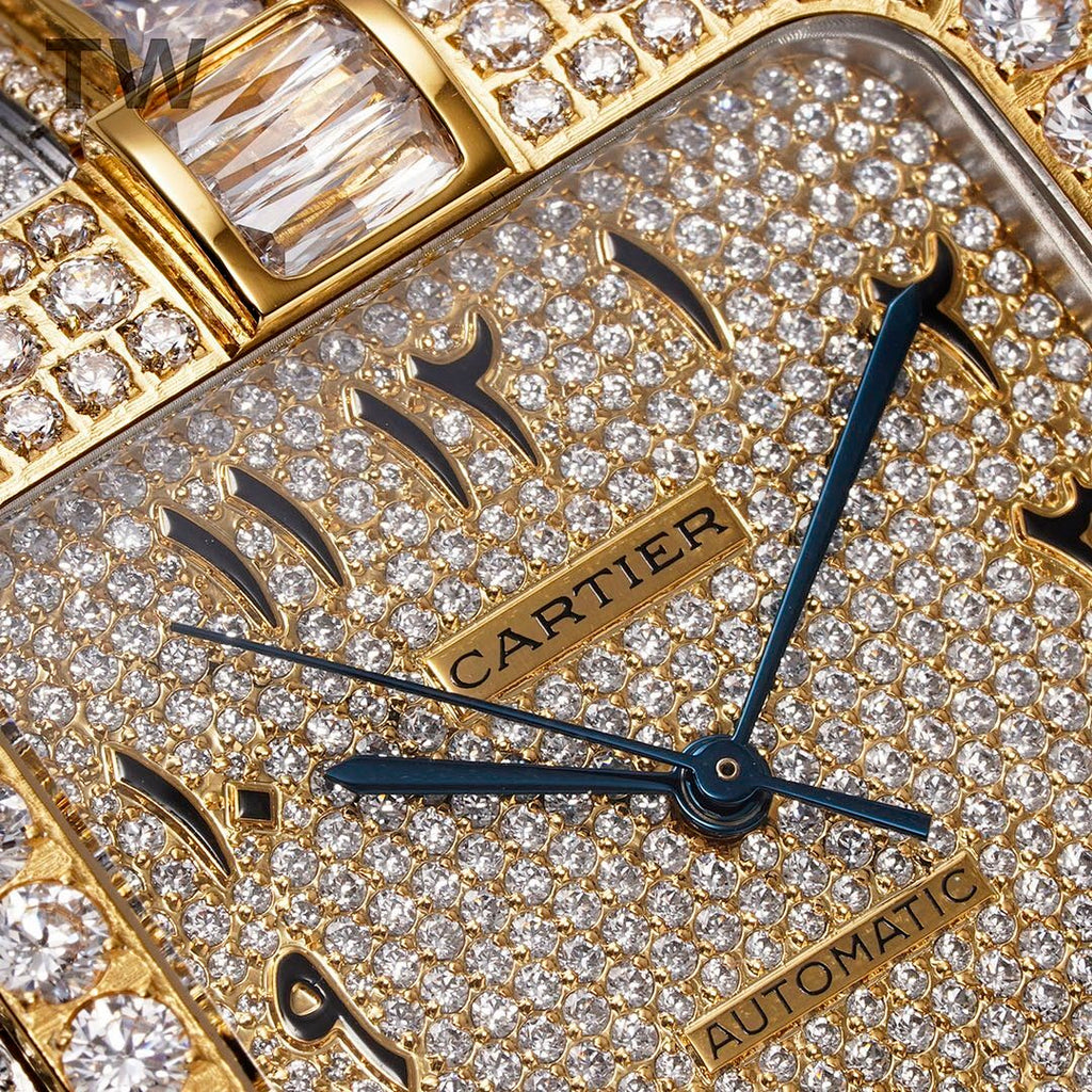 Cartier diamond dial close-up with gold bezel, black hands, and Cartier Automatic